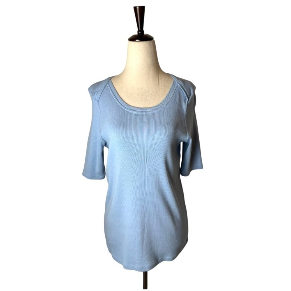 Sundance‎ Shirt Women XL Blue Cotton Ribbed Knit Short Sleeve Tee Athleisure